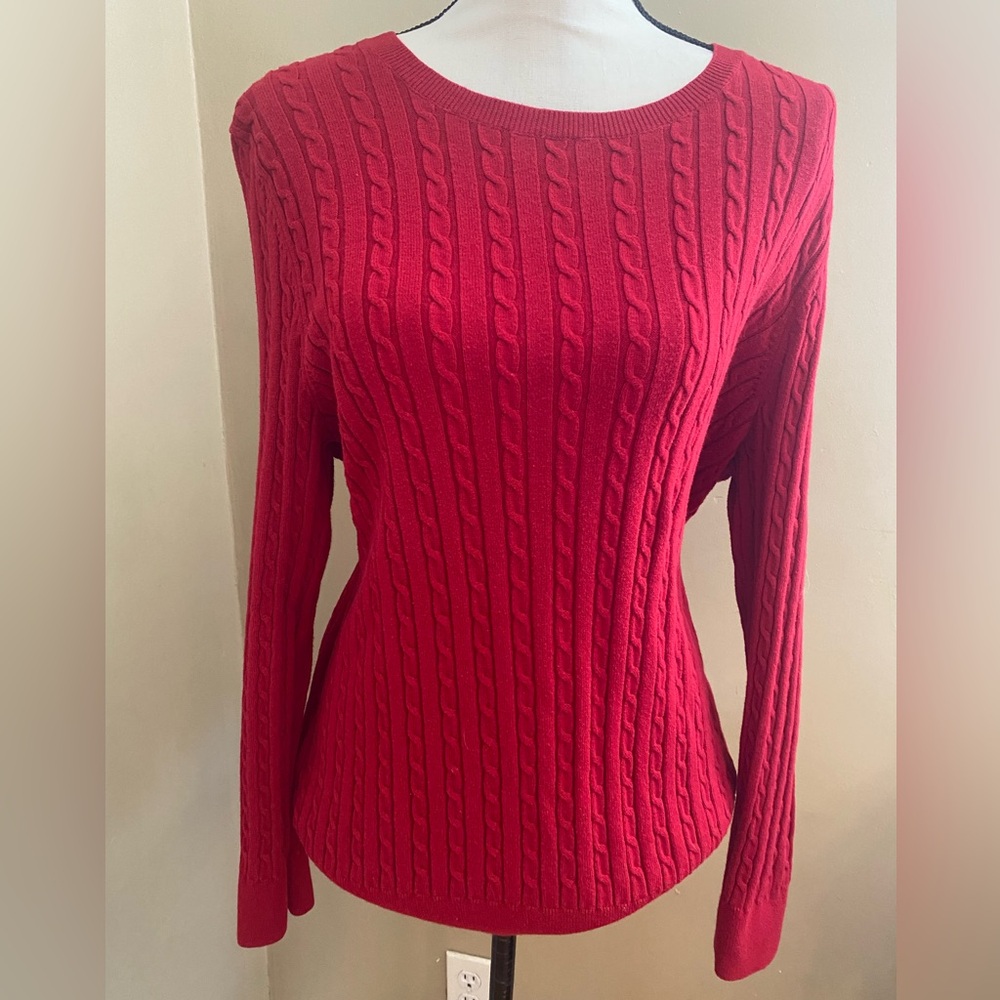 Talbots Red Cable Knit Crew Neck Sweater Womens Preppy Cotton Wool 2X Plus